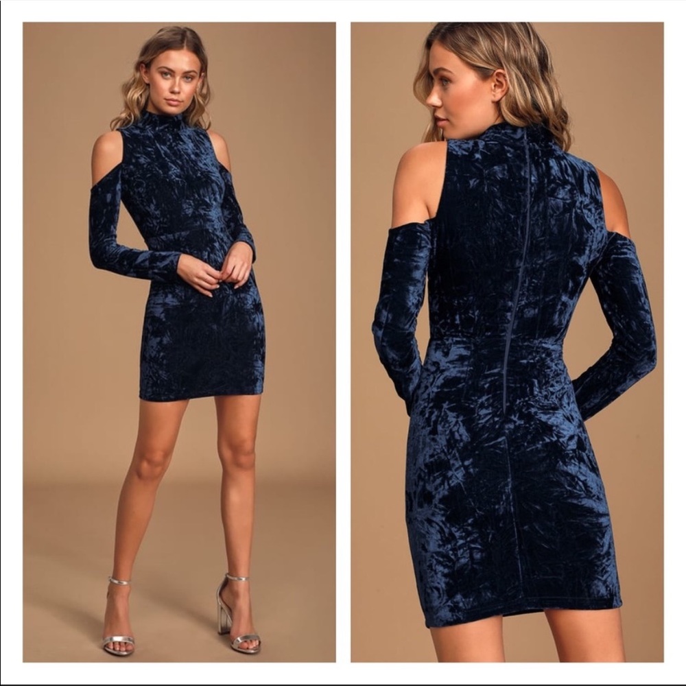 Lulu's Navy Velvet Cold-Shoulder Mini Dress
